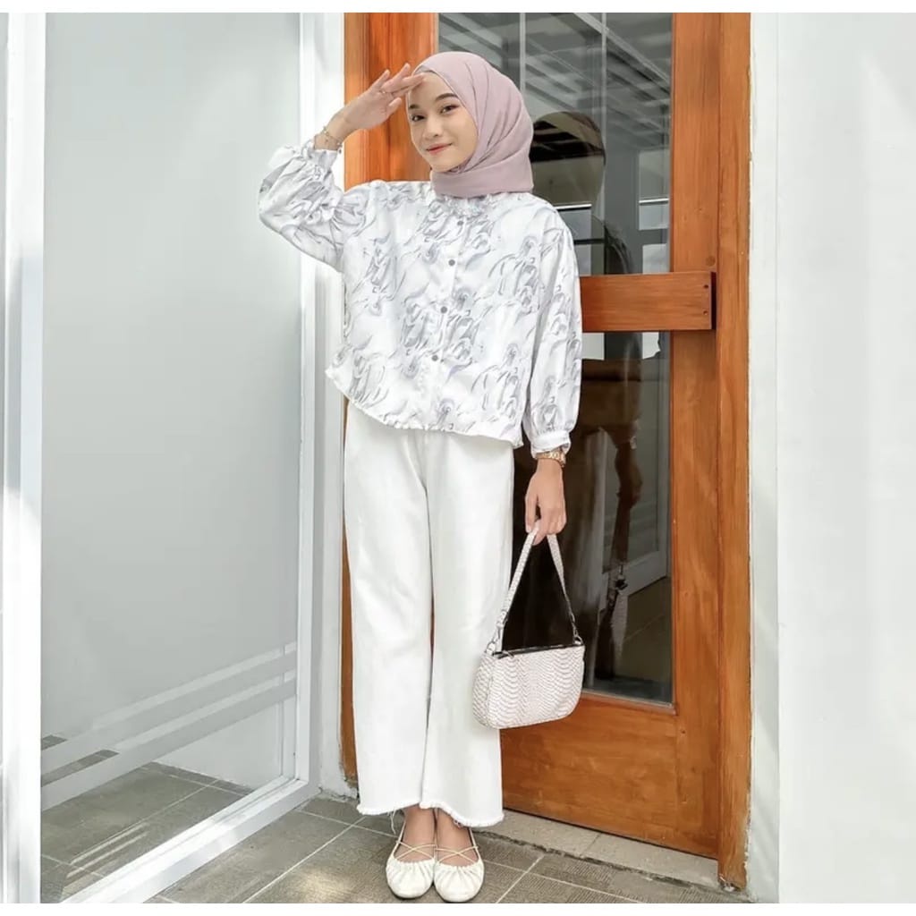 BEFAST - ZEC OOTD WANITA BLOUSE JEMA / Carlotta Marble Puffy Blouse JUMBO XXL / BLOUSE WANITA TERBARU / Pakaian Casual Remaja Wanita Kerja Trendy / Atasan Lengan Panjang / Blouse Motif Abstrak Marble / Fashion kekinian Wanita Hijab Style