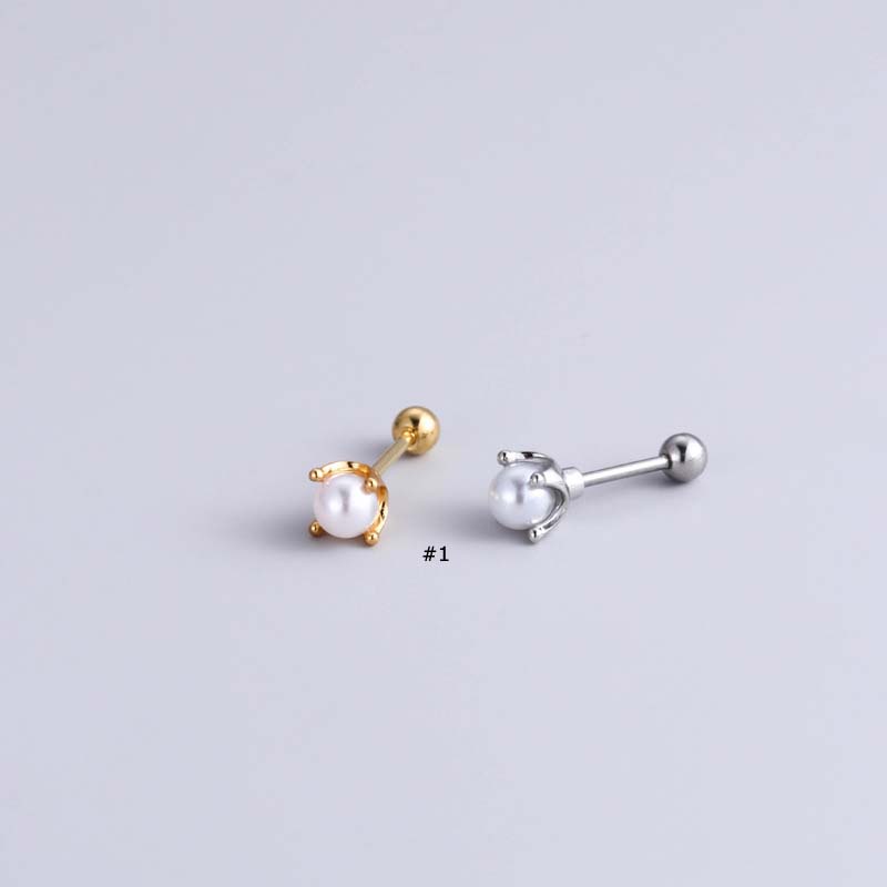 1biji Mutiara Sekrup Ganda 20Gauge Tindik Stainless Steel Tragus Helix Lobe Earring Heart Rainbow