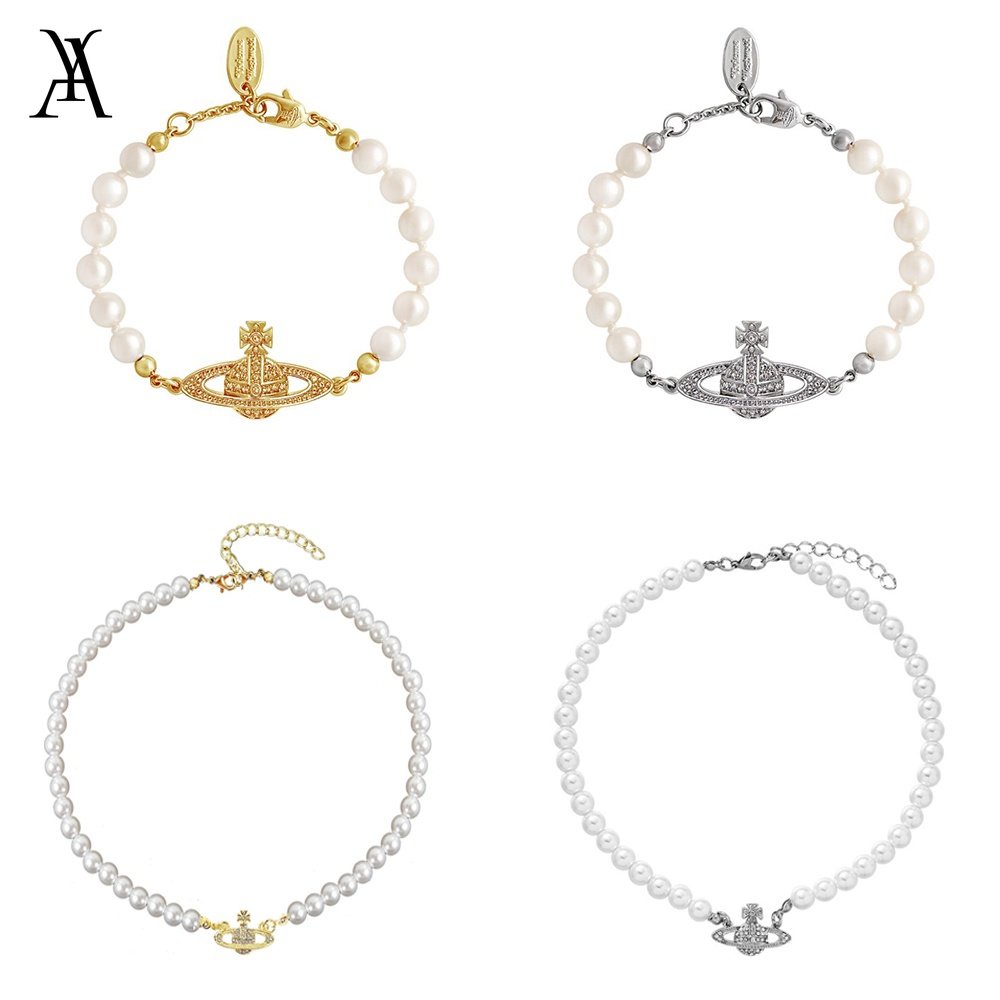 AY(CN) Gelang Kalung Mutiara Kristal Elegan Planet Klavikula Emas Perak Rantai Choker Bracelets Untuk Aksesoris Perhiasan Wanita