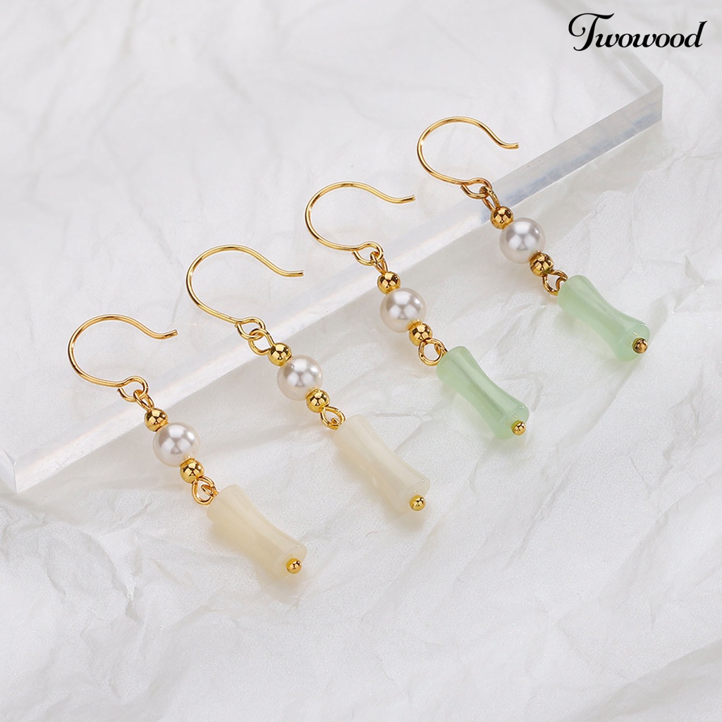 Twowood 1pasang Anting Menjuntai Manik-Manik Mutiara Imitasi Gaya Cina Faux Hetian Jade Bamboo Joint Hook Earrings Aksesoris Perhiasan