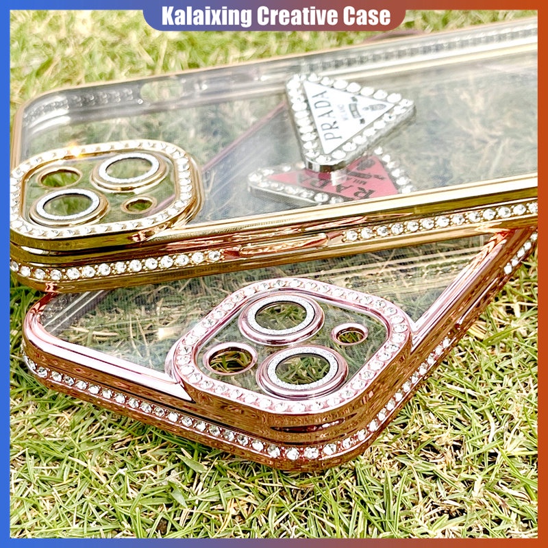 Casing Ponsel Prada Bertabur Berlian Untuk iPhone 14 Pro Max 13 Pro 12 Pro 11 Pro Max Transparan Plating Soft Casing Cover Belakang