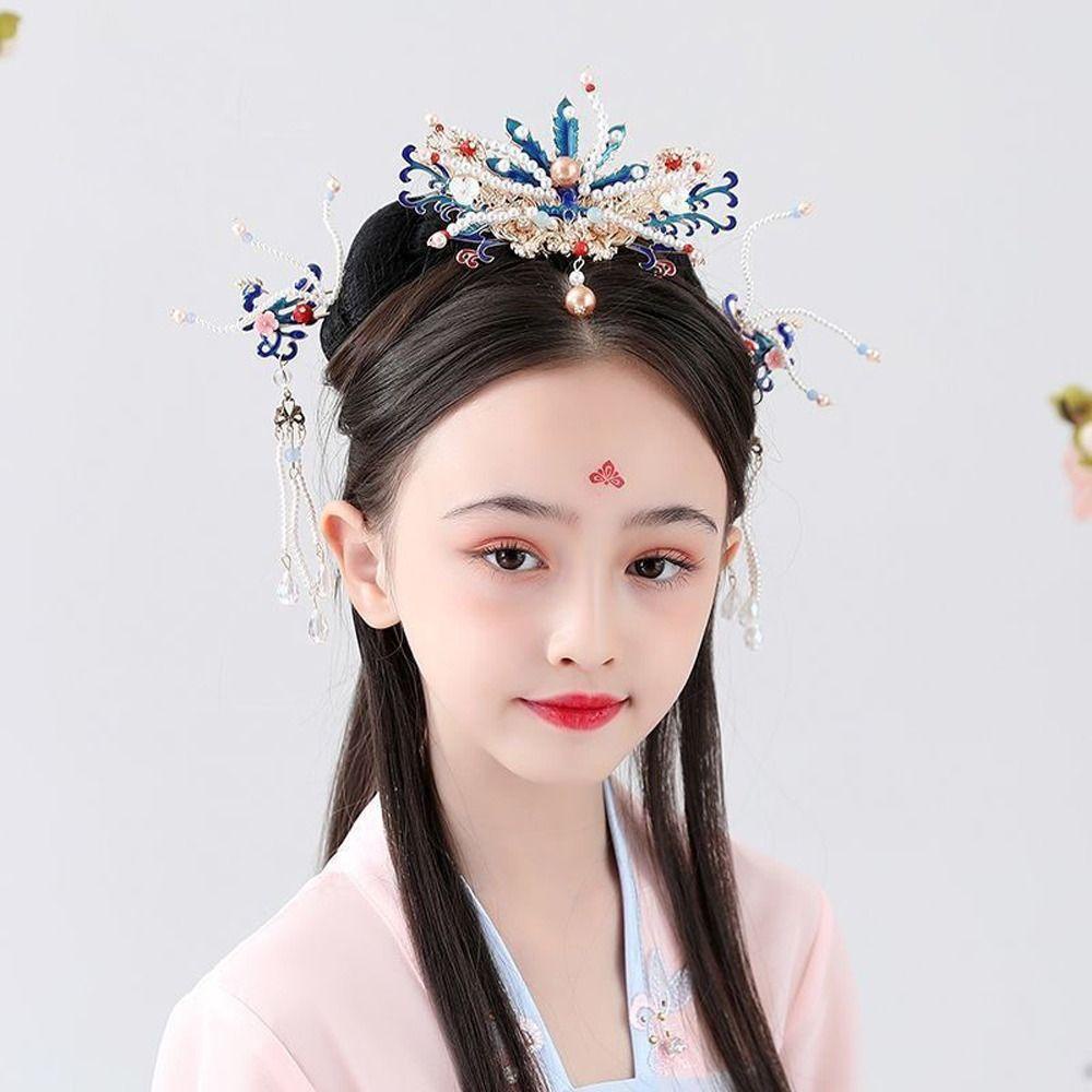 Mxbeauty Anak Gadis Hanfu Bulang Elegan Indah Retro Bunga Imitasi Mutiara Hiasan Kepala Rumbai Paduan Gaya Cina Mahkota