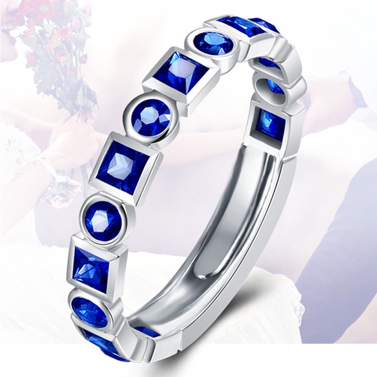 Goldkingdom Fashion Perhiasan Aksesoris Ready Stock Baris Sederhana Berlian Cincin Safir Sintetis Eropa Dan Amerika Wanita Harta Warna-Warni Terbuka Pertunangan Cincin