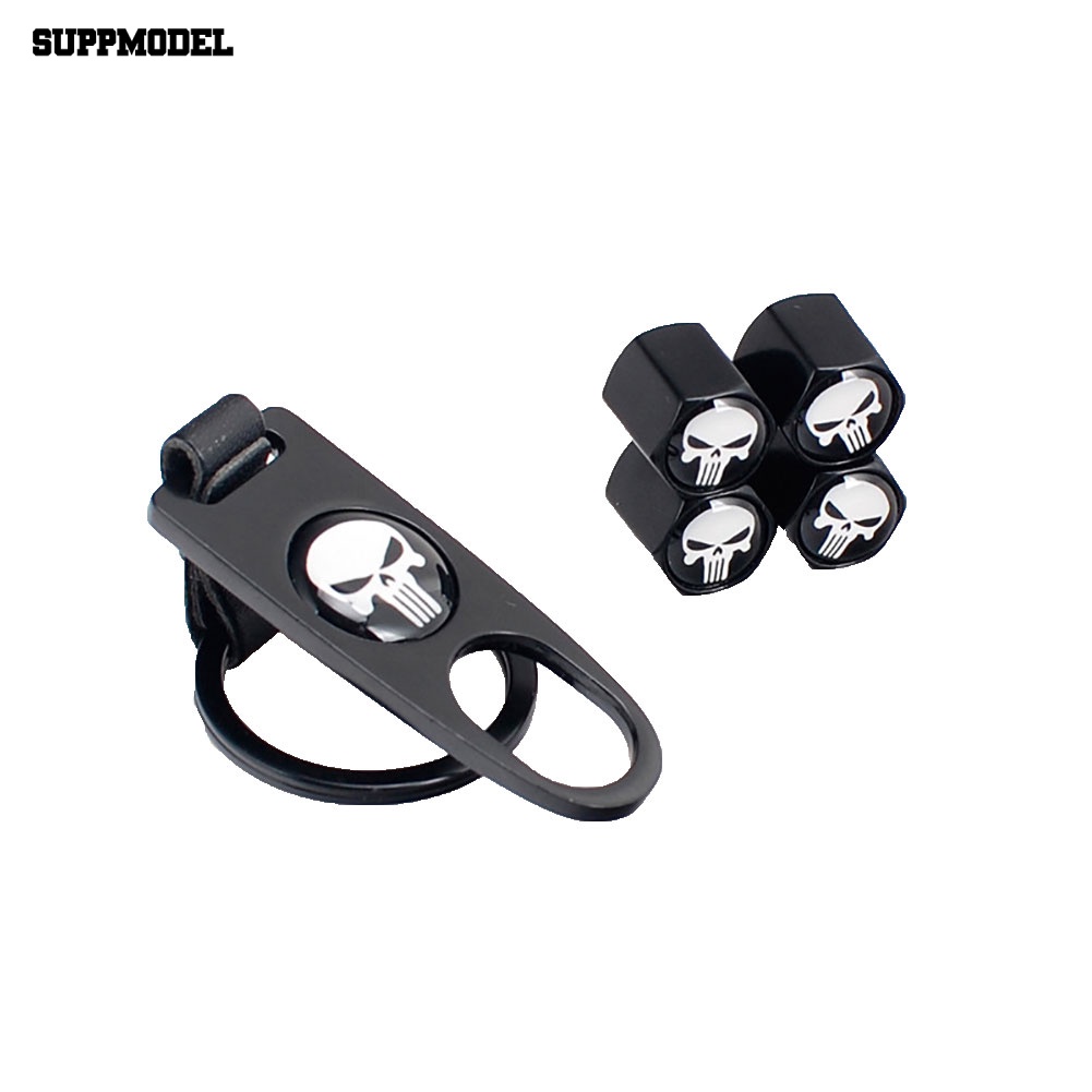 Suppmodel Ban Roda Mobil Tire Stem Air Valv-e Caps Key Chain Wrench Set Skull Punisher