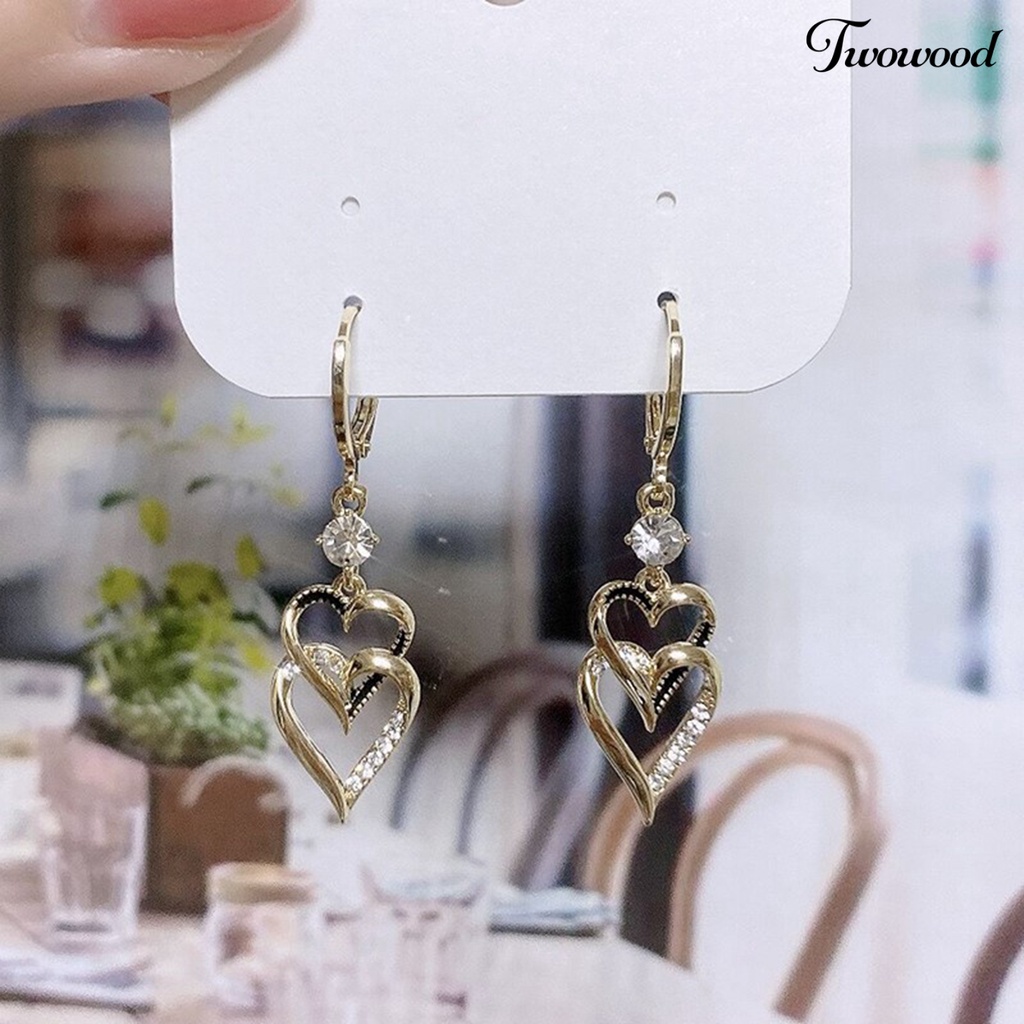 Twowood 1pasang Anting Menjuntai Retro Korea Gaya Double-layers Cinta Hati Berkilau Berlian Imitasi Drop Earrings Fashion Jewelry