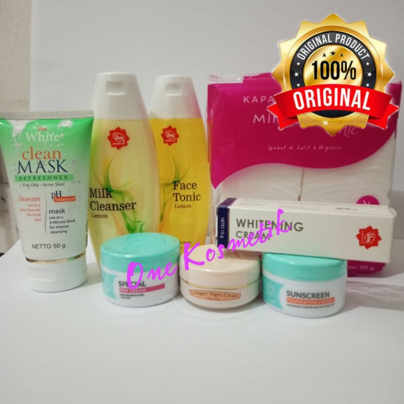 Viva PAKET ANTI FLEK HITAM 2 / 3 / 5 / 6 / 7 / 8 LEMON 100ml  / PAKET Viva MILK CLEANSER + FACE TONIK  TONER Lemon 100ml + KAPAS MIRABELLA Mencegah Timbulnya Jerawat + SPECIAL DAY CREAM + COLAGEN NIGHT CREAM + WHITENING CREAM + SUNSCREEN + CLEAN MA