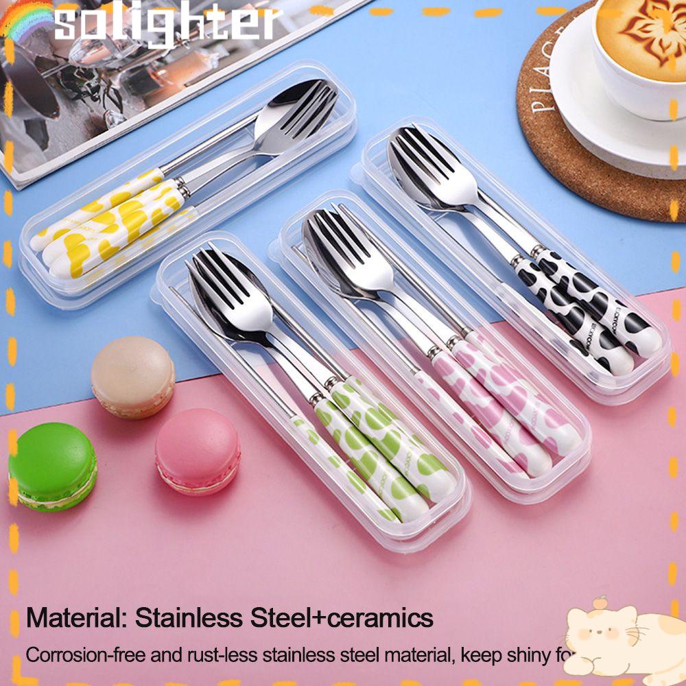 Solighter Cutlery Set Lucu Reusable Stainless Steel Ceramic Handle Alat Makan Set