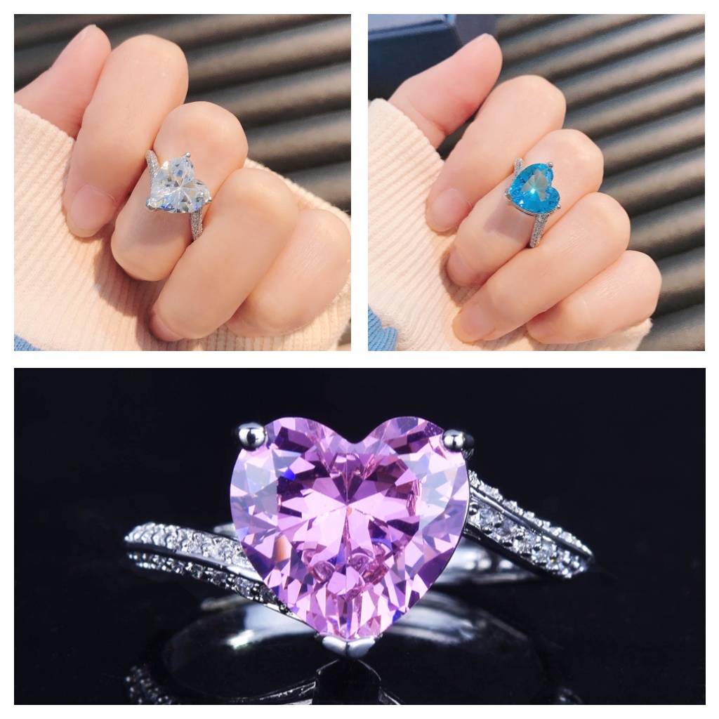 Goldkingdom Aksesoris Perhiasan Fashion Ready Stock Jepang Mewah Berbentuk Hati Cincin Kepribadian Fashion Perempuan Lengan Yang Salah Cincin Berlian Topa Biru Cincin Berlian Karbon Tinggi