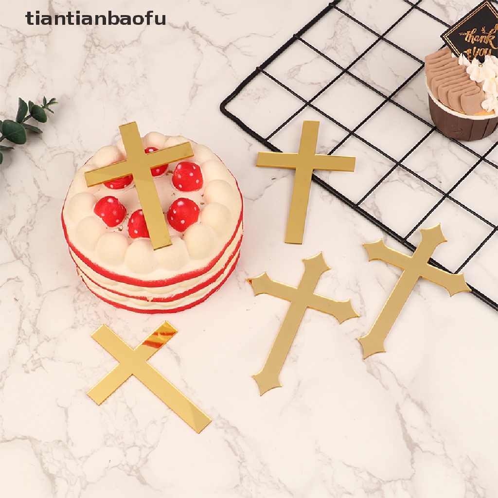 [tiantianbaofu] 5pcs 10 * 7cm Akrilik Cross Gold Topper Perjamuan Pertama Minimalis Sisipan Kue Butik