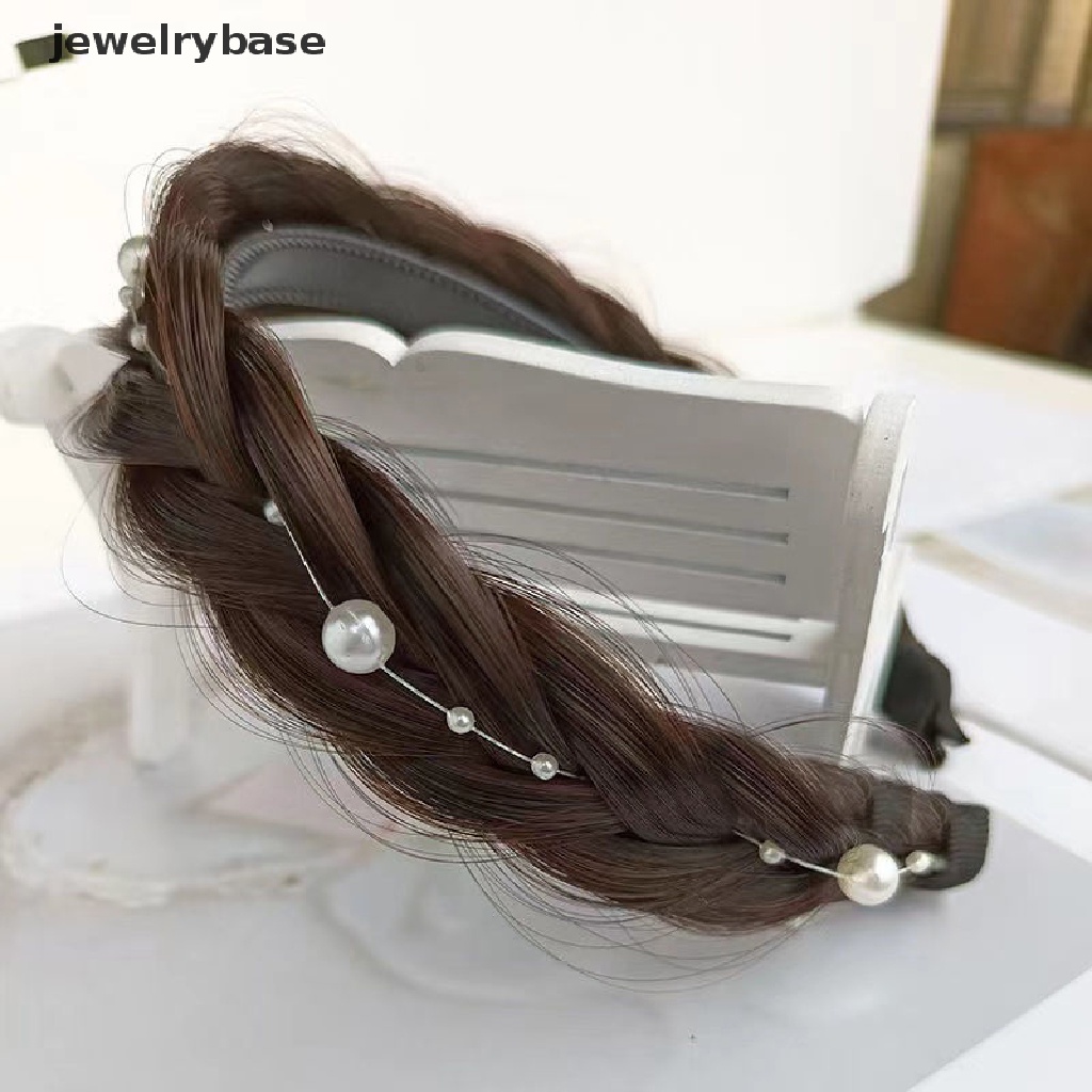 [jewelrybase] Melebar Tulang Ikan Kepang Bando Mutiara Wig Twist Handmade Retro Head Hoop Headwear Hair Styling Lazy Aksesoris Rambut Untuk Wanita Butik