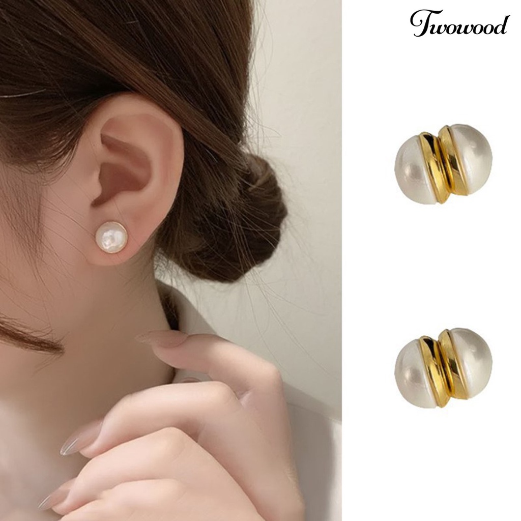 Twowood 1/2pasang Anting Klip ic Mutiara Imitasi Bulat/Kotak/Hati Mengkilap Berlian Imitasi Penuh Penurunan Berat Badan Hadiah Wanita Klip Telinga Pesta Pernikahan Perhiasan Aksesori Busana