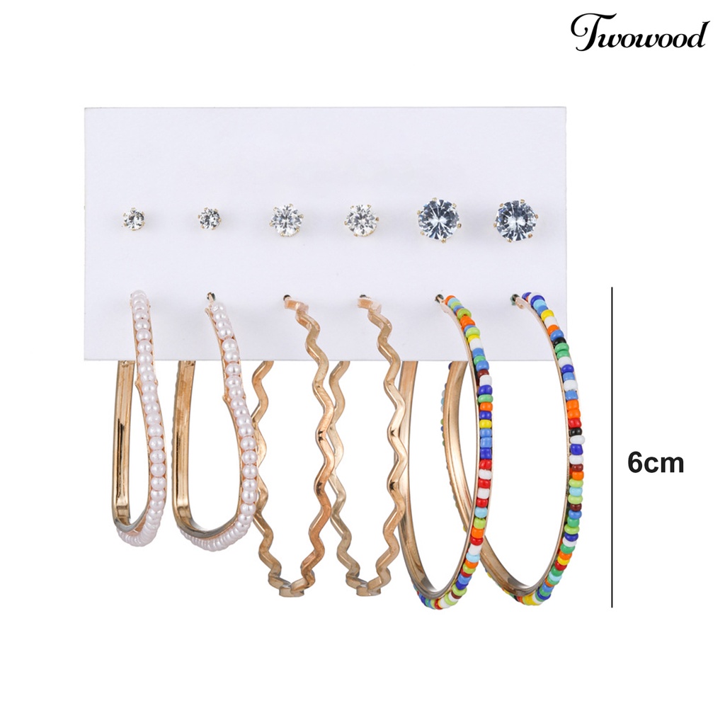 Twowood 6pasang Hoop Earrings Set Mini Beads Rhinestones Inlay Geometris Alloy Perhiasan Elegan Dress-Up Aksesoris Lingkaran Anting Telinga Studs Malam Pesta Memakai Perhiasan Hadiah