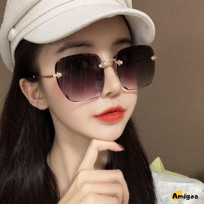 Kacamata Hitam Fashion Korea Wanita Anti Radiasi Tanpa Bingkai Bulat Kacamata - AG2