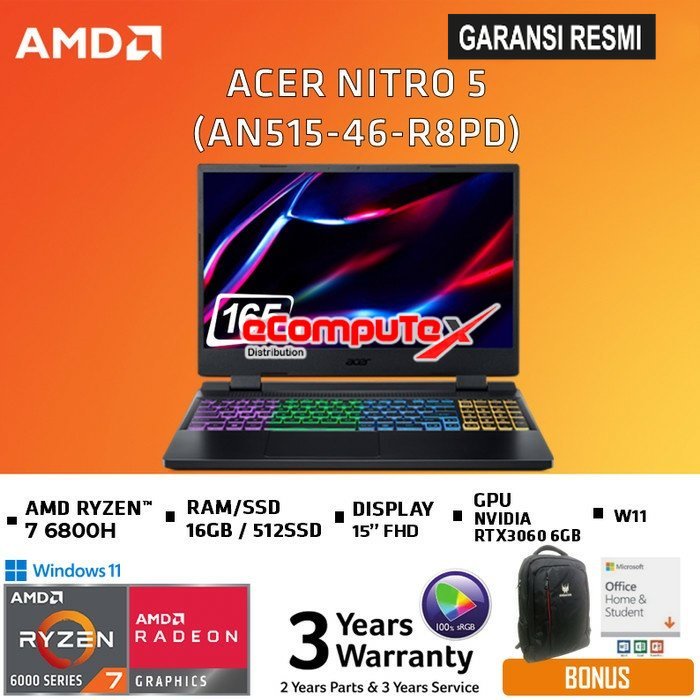 LAPTOP GAMING ACER NITRO 5 AN515-46-R8PD / AMD RYZEN 7-6800H / NVIDIA GEFORCE RTX3060 6GB DDR6 RAM 16GB 512GB SSD 15.6&quot; FHD WIN11+OHS GARANSI RESMI