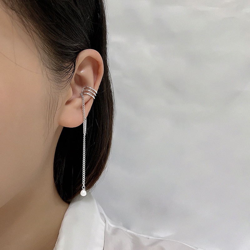 Papaozhu 1PC Mutiara Elegan Rumbai Rantai Liontin Klip Anting Untuk Wanita Perempuan Trendi Tanpa Tindik Cuff Earrings Kepribadian Telinga Aksesoris