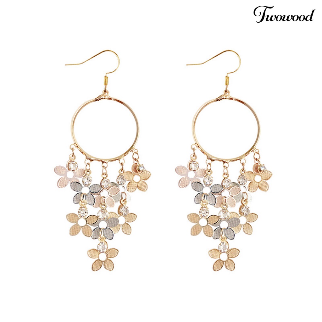 Twowood 1pasang Menjuntai Anting Bunga Dreamcatcher Desain High Gloss Cubic Zirconia Glitter Berdandan Temperamen Bohemian Rumbai Drop Earrings Perhiasan Aksesori