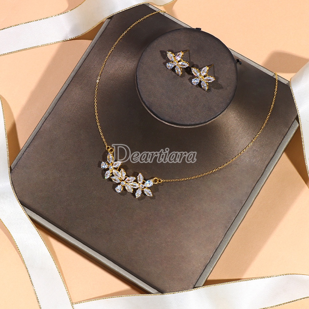 Set Perhiasan Bunga Fashion Eropa Dan Amerika Aksesoris Pernikahan Bridal Zirkon Kalung Anting Set