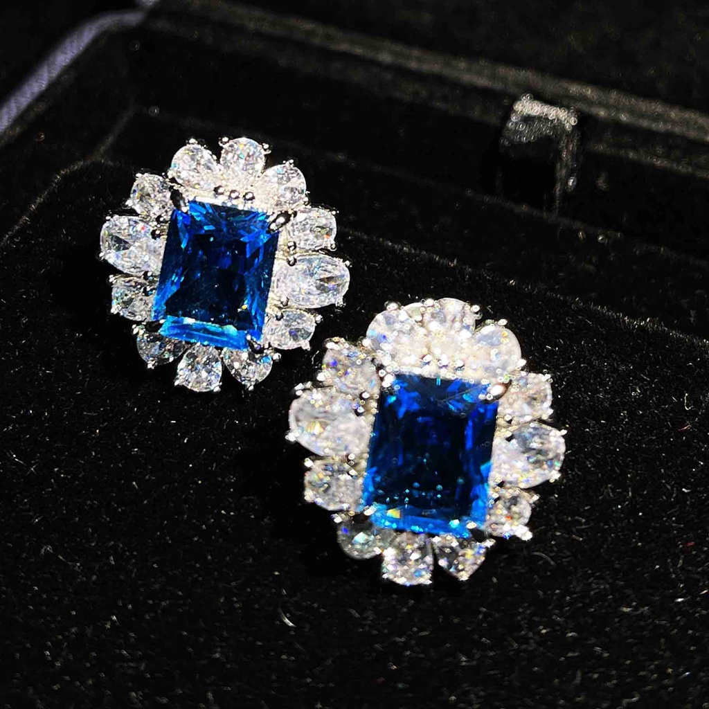 Goldkingdom Aksesoris Perhiasan Fashion Ready Stock Ringan Mewah Asche Berlian Kuning Topa Biru Argyle Pink Square Diamond Earrings Untuk Wanita