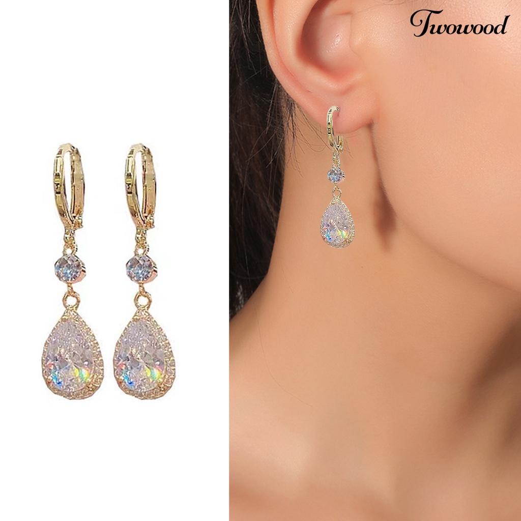 Twowood 1pasang Menjuntai Anting-Anting Tetesan Air Liontin Elegan Emas Hypoallergenic Berkilau Berlian Imitasi Wanita Anting-Anting Fashion Perhiasan