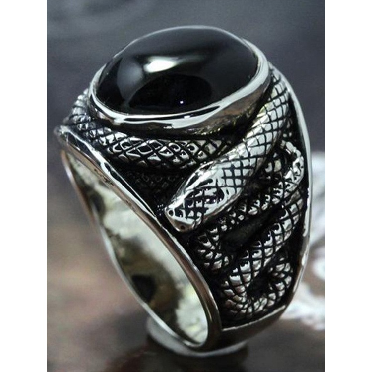 Punk Cincin Batu Permata Hitam Untuk Pria Perhiasan Vintage Kuno Warna Perak Salib Ular Diukir Logam Oval Zirkon Jari Cincin Hadiah