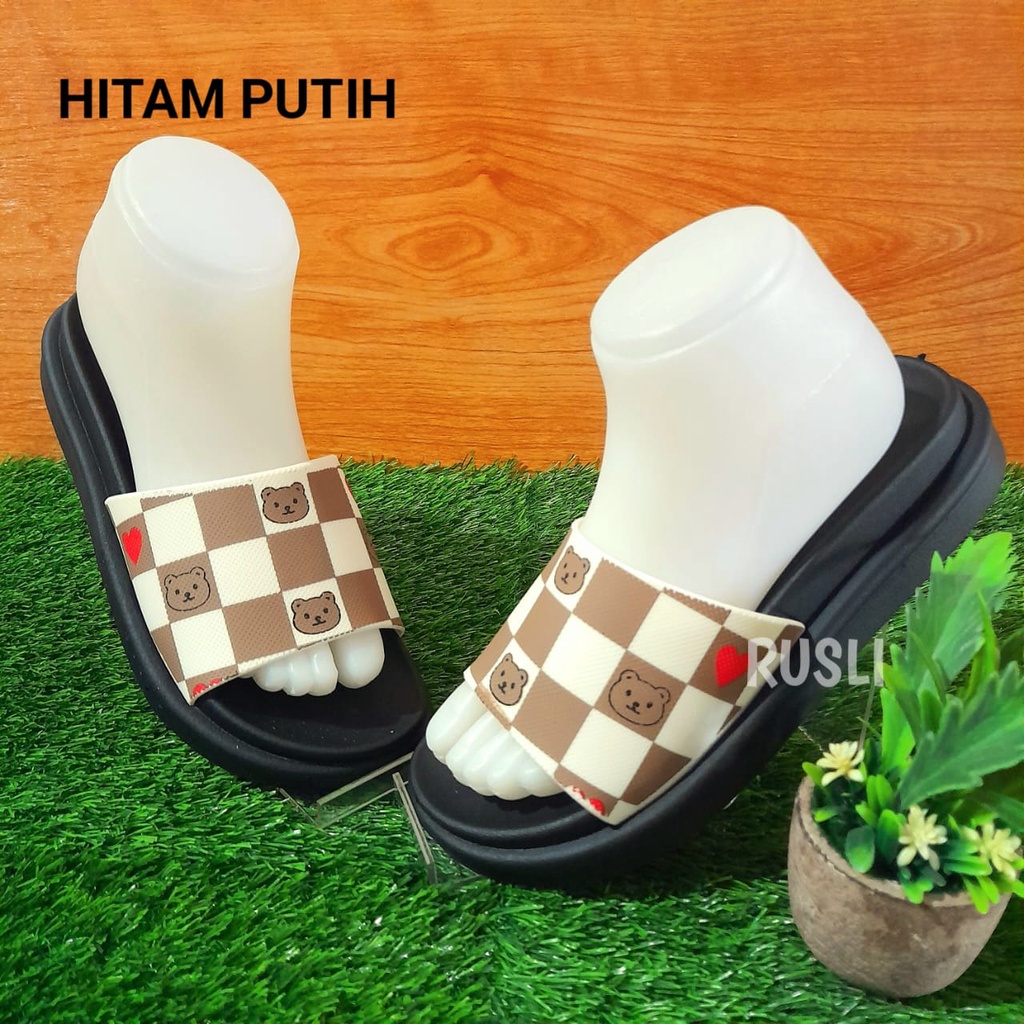 (COD) Sandal Selop Wedges Jelly Import Wanita Motif Catur Balance 2089