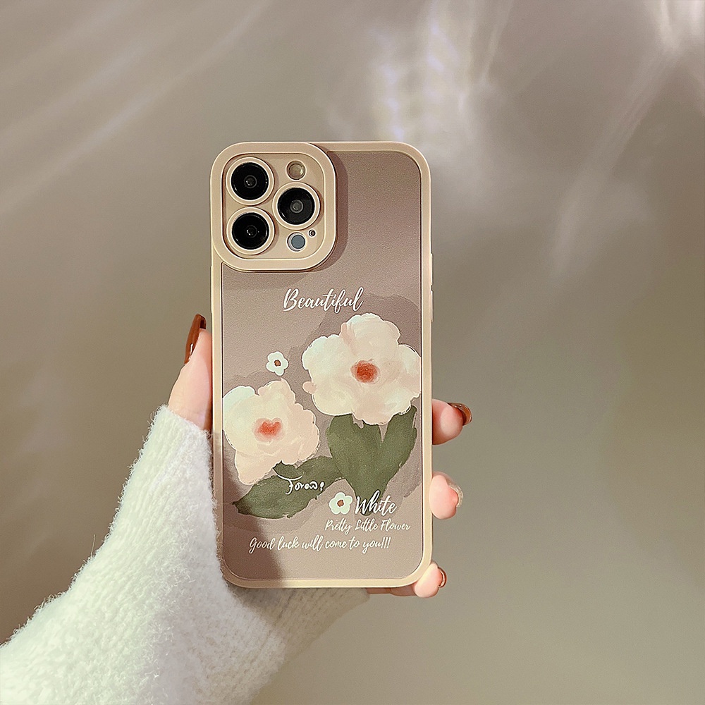 IPHONE [Mata Kucing] Soft Case TPU Anti Slip Untuk Iphone7Plus8 Plus X XS XR XS Max11 13 12 14 PRO Max14 Plus ins Fashion Abu-Abu Lukisan Minyak Bunga Wanita