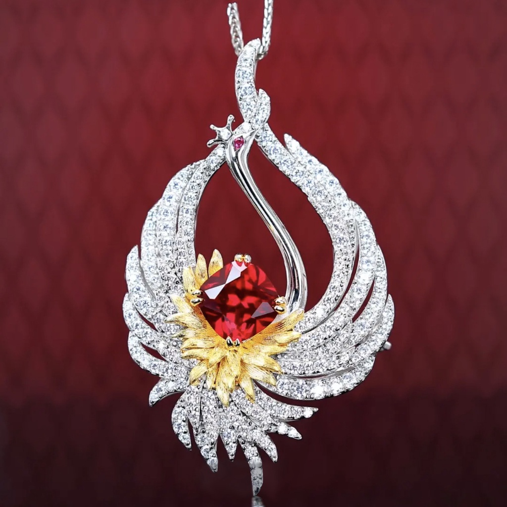 Goldkingdom Aksesoris Perhiasan Fashion Ready Stock Haute Couture Jewelry, Red Korundum, Anting Phoenix Api, Liontin Derek, Bros, Zirkon Aus Ganda