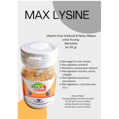 Max Lysine Vitamin Imun, Anti Bodi &amp; Nafsu Makan Kucing 50gr