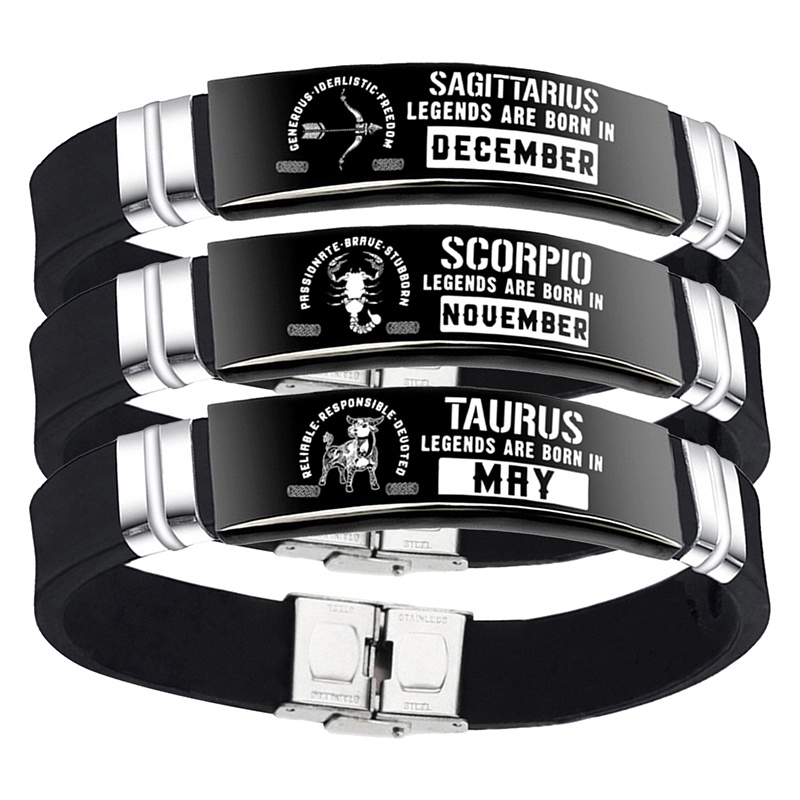 Fashion12 Zodiak Tanda Silikon Bangle Gelang Engravable Stainless Steel Gelang Konstelasi Pria Perhiasan Hadiah Ulang Tahun