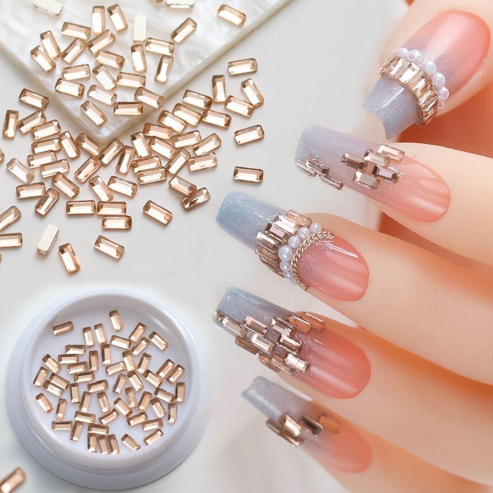 Mxbeauty Ornamen Nail Art 3D Bentuk Kristal Flatback Kaca Warna-Warni Persegi Panjang Shiny Manicure Aksesoris