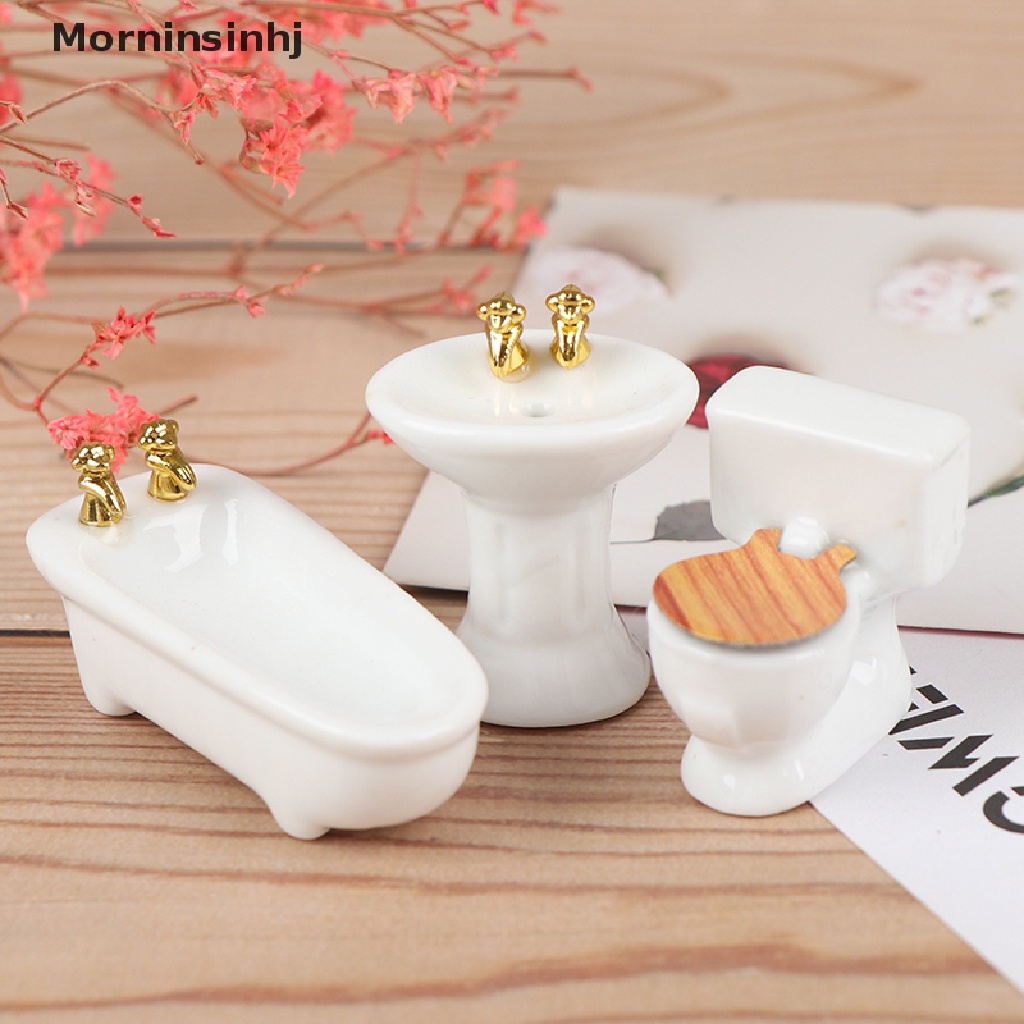 Mornin 3Pcs 1: 24rumah Boneka Miniatur Kamar Mandi Set Porselen Bathtub Toilet Wastafel Rumput id