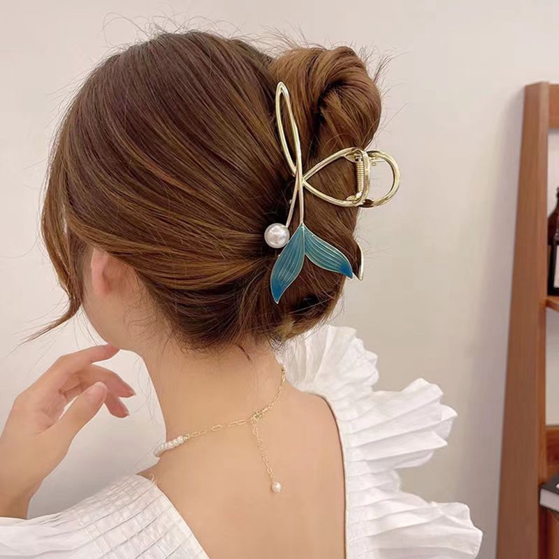 Vintage Wanita Biru Mutiara Fishtail Rambut Klip Besar Ponytail Rambut Klip Mewah Logam Mutiara Hiu Klip Gadis Hiasan Kepala Hadiah