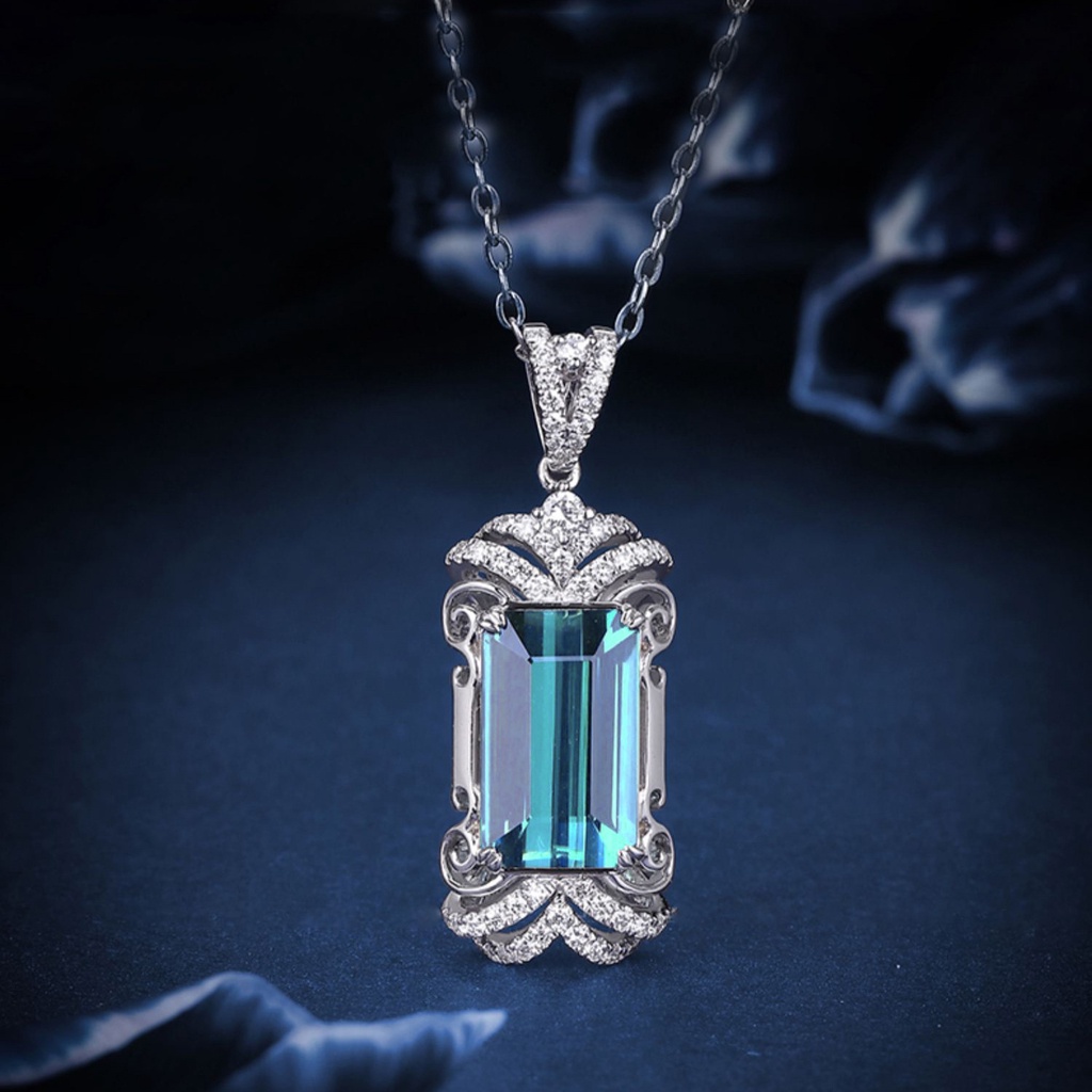 Goldkingdom Fashion Perhiasan Aksesoris Ready StockLive Ledakan Pt950 Colorful Tourmaline Pendant Atmosfer Fashion Elegan London Blue Topaz Kalung