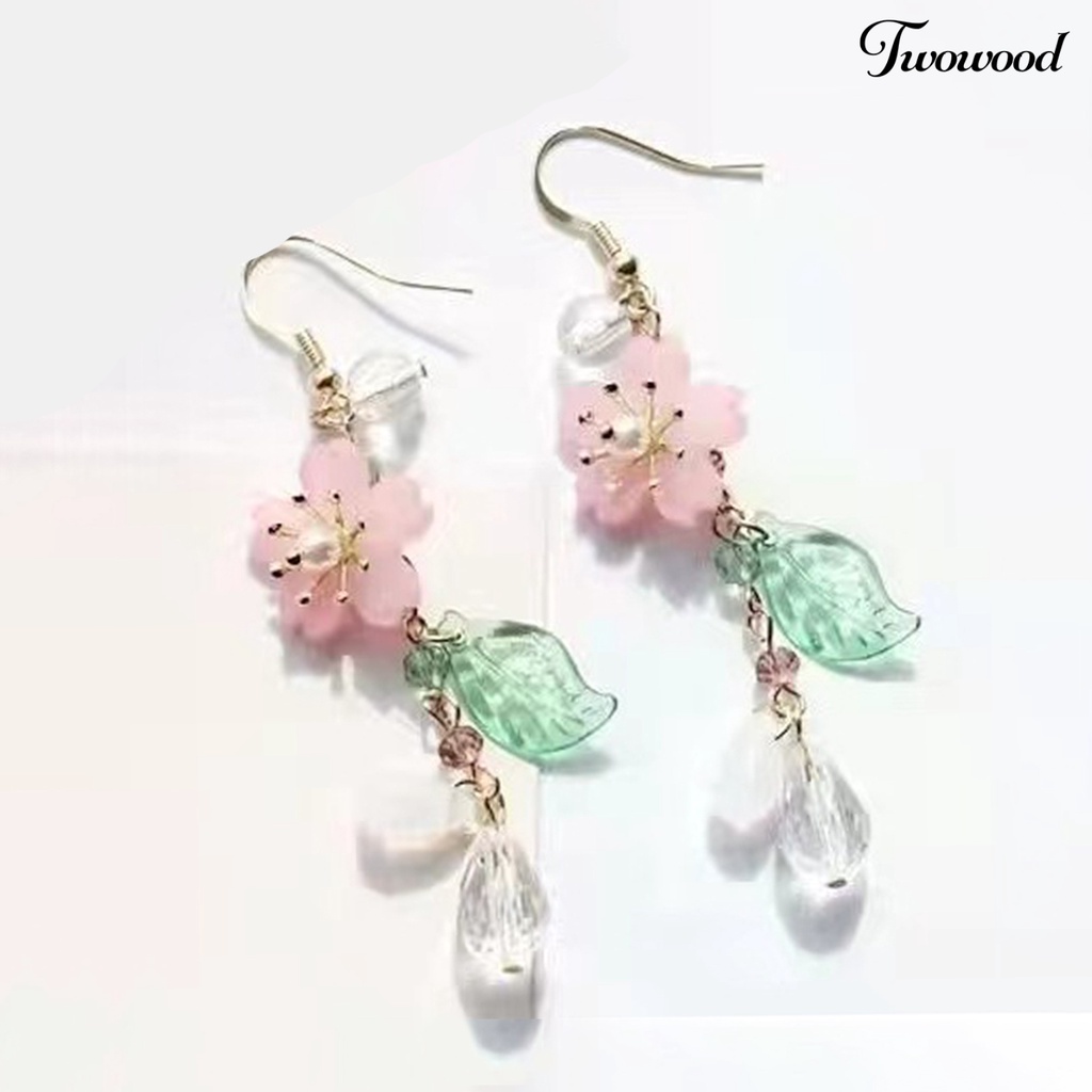 Twowood 1pasang Ladies Earrings Unik Chic Semua Pertandingan Panjang Elegan Hias Logam Bunga Sakura Menjuntai Anting Hadiah