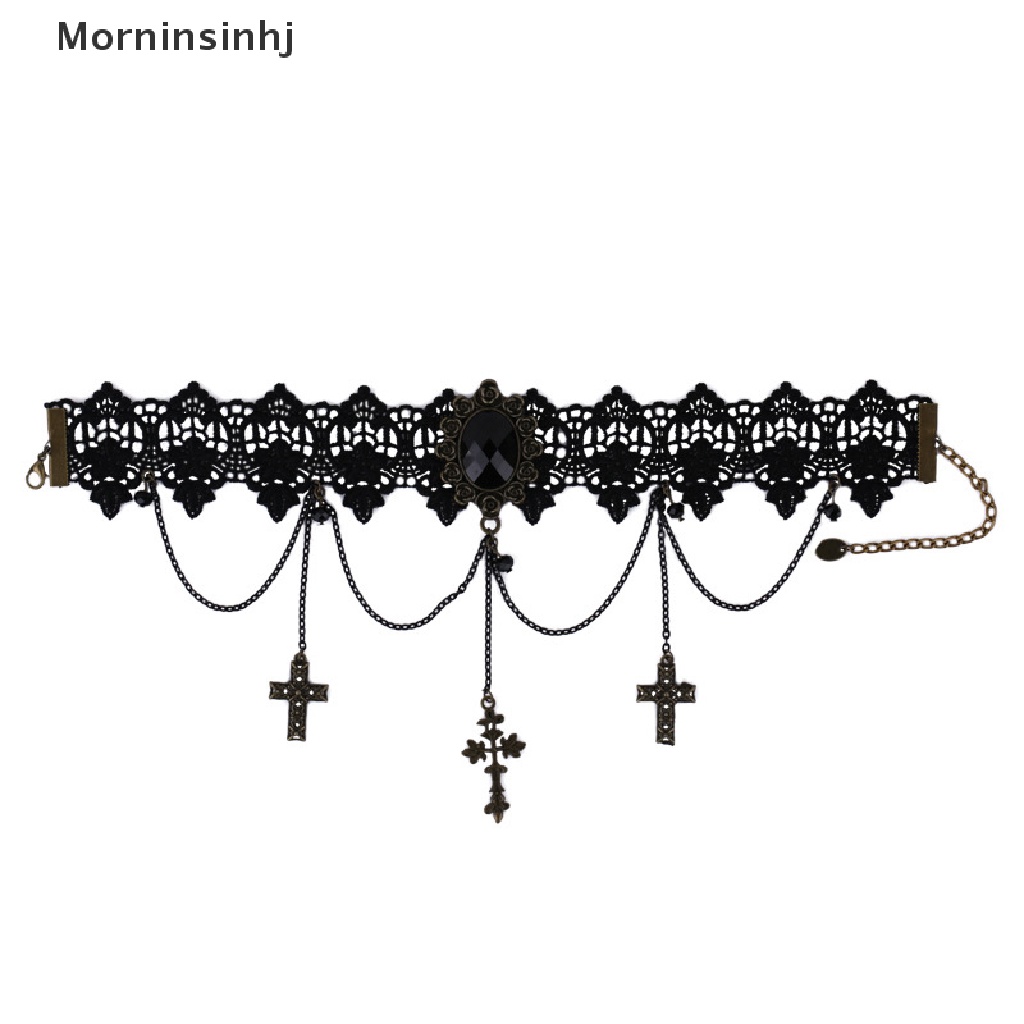 Mornin Gothic Chokers Adjustable Lace Choker Collar Kalung Dengan Salib Vintage Rumbai Rantai Wanita Steampunk Perhiasan Halloween Kostum Halloween id