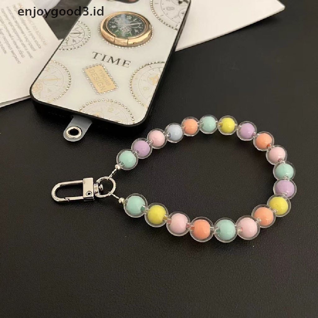 [Rready Stock] Liontin Warna Permen Warna-Warni Wanita Dengan Manik-Manik Bulat Ponsel Anti Rontok Lanyard Kunci Liontin Tali Universal Gelang Tangan Pendek (ID)