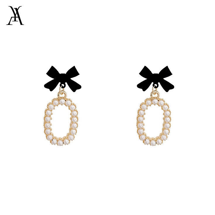 AY(CN) Fashion Anting Busur Hitam Anting Tusuk Mutiara Emas Drop Earring Untuk Aksesoris Perhiasan Wanita