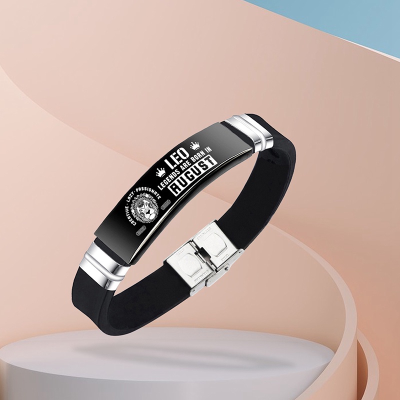 Fashion12 Zodiak Tanda Silikon Bangle Gelang Engravable Stainless Steel Gelang Konstelasi Pria Perhiasan Hadiah Ulang Tahun