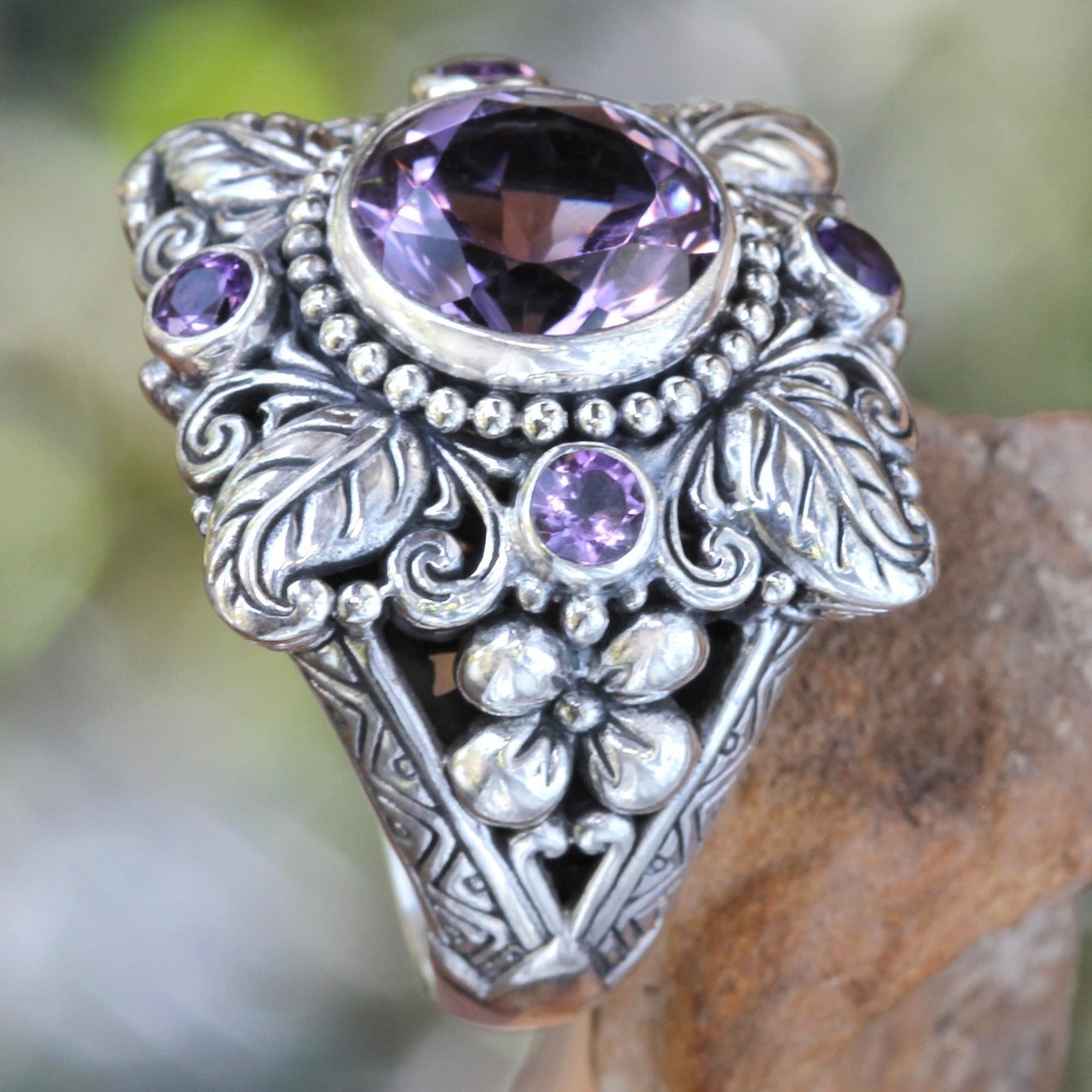 Goldkingdom Aksesoris Perhiasan Fashion Ready Stock Cincin Amethyst Mewah Baru Eropa Dan Amerika925 Vintage Thai Perak Pohon Daun Bunga Cincin