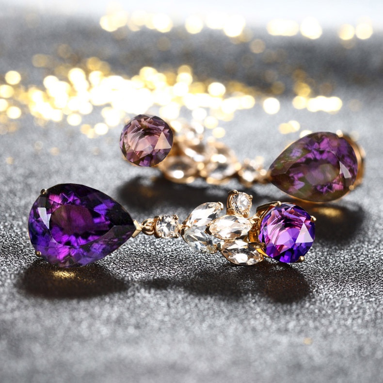 Goldkingdom Aksesoris Perhiasan Fashion Ready Stock Siaran Live Anting Topaz Alami Imitasi Baru Tetesan Air Berbentuk Pir Langit Biru Topaz Amethyst Anting Panjang