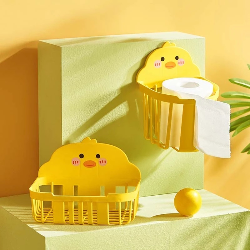 Bebek Kuning Kecil Yang Lucu Toilet Kertas Tempat Tissue Box Multi-Fungsi Dipasang Di Dinding Bebas Pukulan Serut Wadah Kertas Rak Penyimpanan Organizer Rumah