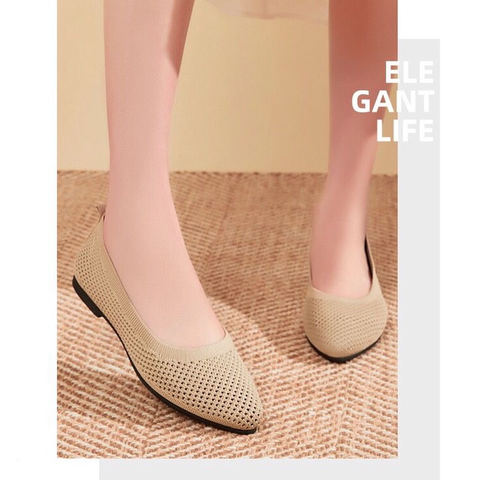 GROSIRTAS &quot;FREEBOX&quot; TG1653 Flatshoes Wanita Import Sepatu Kerja Flyknit Jaring Polos Kekinian