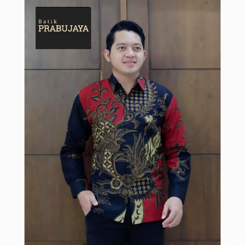 PRABU MERAH Kemeja Batik Pria Modern Lengan Panjang Terbaru - Baju Hem Batik Pria Cowok Kondangan Pesta Kerja Merah Maroon