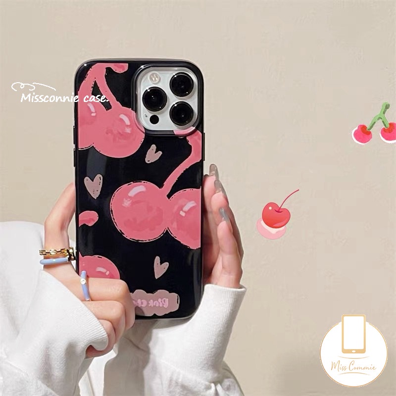 IPHONE Kartun Pink Cherry Gadis Keren Casing Ponsel Hitam Kompatibel Untuk Iphone11 14 13 12 Pro Max 7plus XR 78 Plus X XS Max SE 2020 Lucu Cinta Hati Smiley Shockproof Glossy Soft Cover