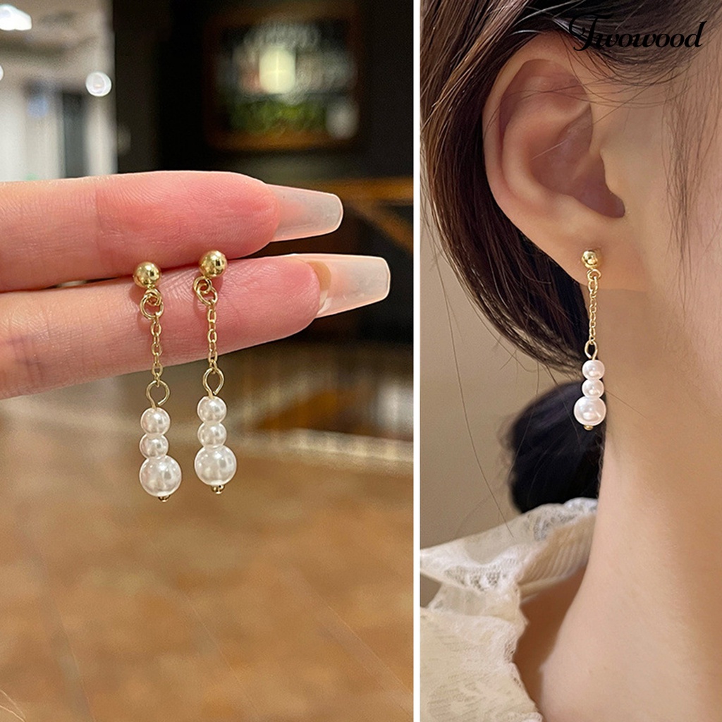 Twowood 1pasang Anting Pejantan Dainty Elegan Golden Hypoallergenic High Gloss Faux Pearl Rumbai Menjuntai Earrings Fashion Jewelry