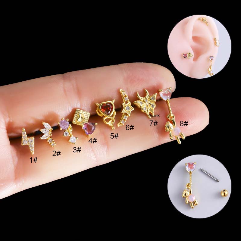 1biji Anting Tulang Rawan Stud Kepala Sekrup Ganda 20Gauge Helix Tindik Lobek Bahan Stainless Steel Dengan Zircon