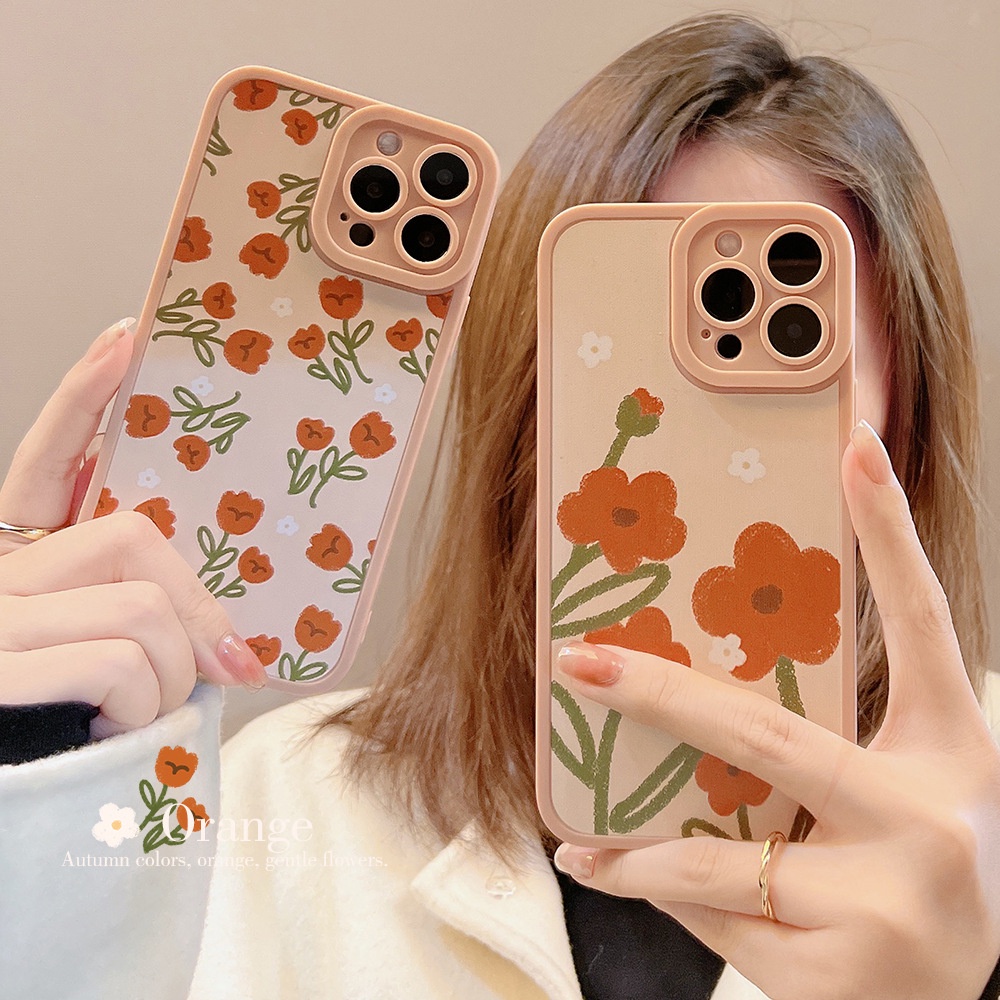 IPHONE [Mata Kucing] Soft Case TPU Anti Slip Untuk Iphone7Plus8 Plus X XS XR XS Max11 13 12 14 PRO Max 14 Plus Ins Fashion Wanita Bunga Jeruk