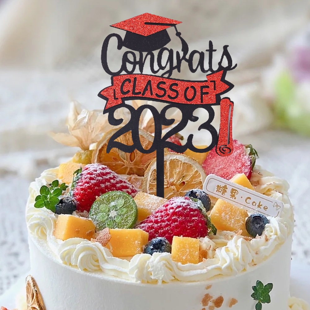 [Harga Grosir] 1pc Wisuda Congrats Acrylic Cake Toppers Congrats Kelas2023 Glitter Merah Hitam Kartu Sisipan Kue Perlengkapan Pesta Wisuda Baking Aksesoris