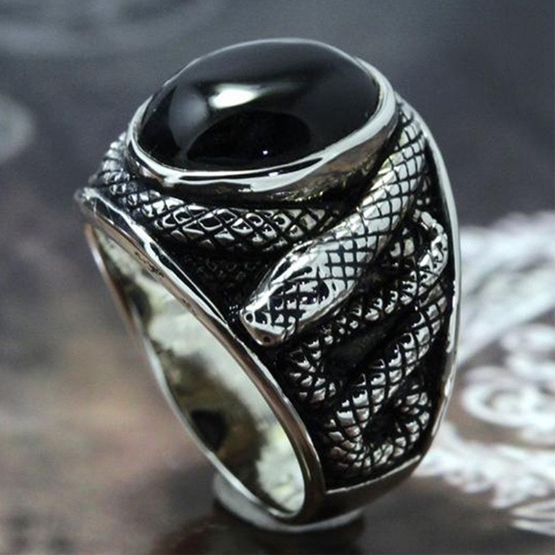 Punk Cincin Batu Permata Hitam Untuk Pria Perhiasan Vintage Kuno Warna Perak Salib Ular Diukir Logam Oval Zirkon Jari Cincin Hadiah