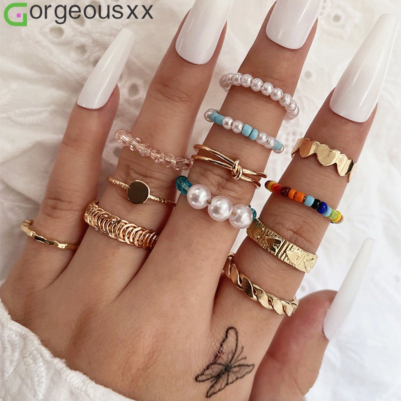 12pcs/set Cincin Manik-Manik Warna-Warni Gaya Bohemian Cinta Hati Cincin Geometris Set Untuk Aksesoris Perhiasan Pesta Wanita